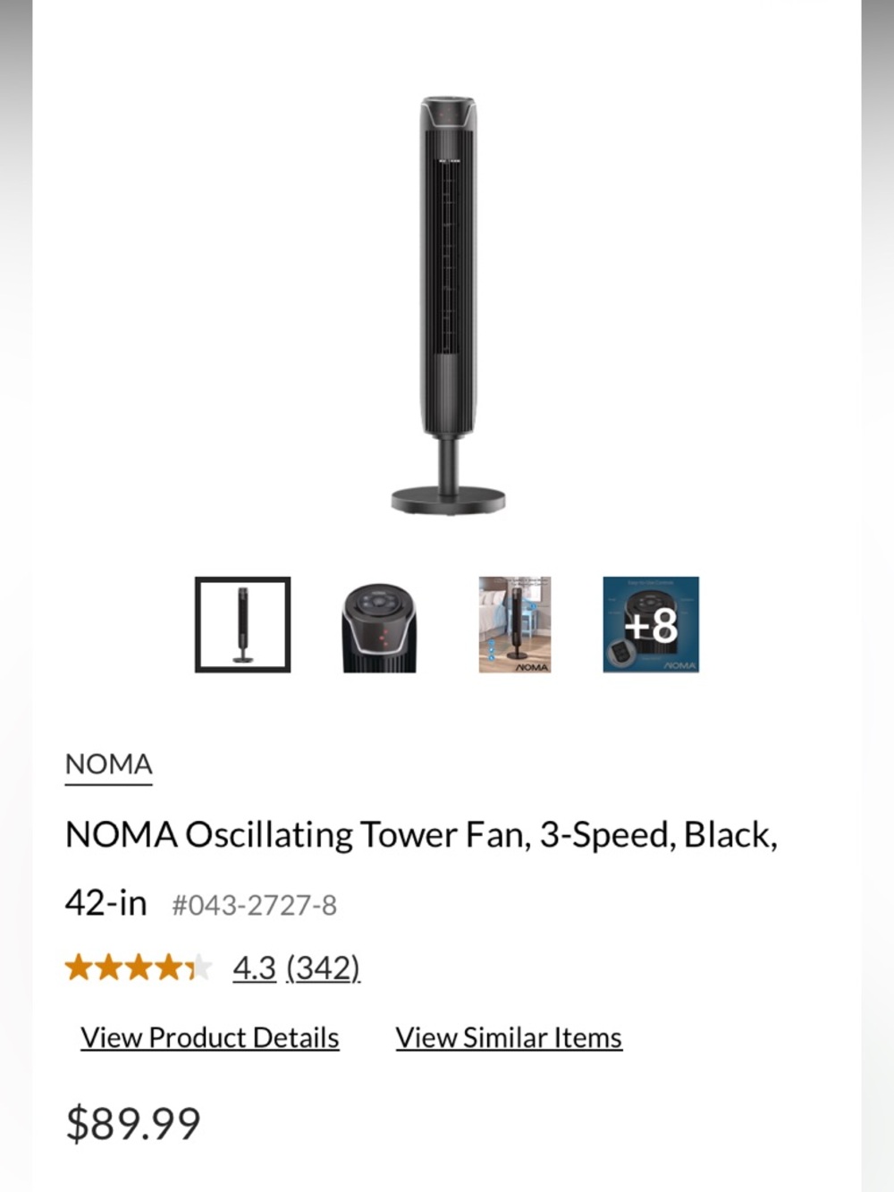 NOMA 42-inch Oscillating Tower Fan, Black - 3-Speed